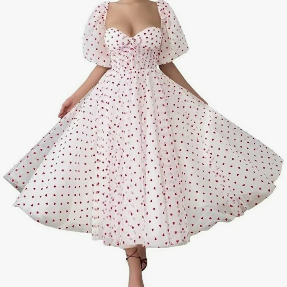 NWOT Comxiba Heart Pattern Tulle Tea Length Dress Sz 12